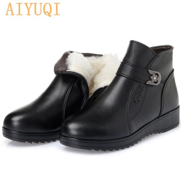 

boots genuine leather women 2021 winter thick wool ankle elderly the large size 35-43 warm shoes, Black