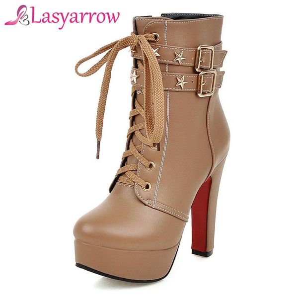 

boots lasyarrow chunky high heel punk motorcycle woman lace up platform rivets studded ankle for women round toe shoes, Black