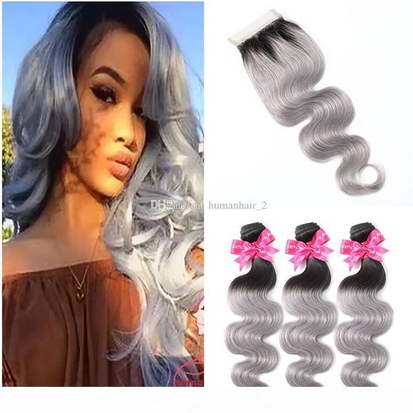 

new arrive peruvian grey hair weave with closure body wave two tone ombre 1b silver gray ombre human hair bundles and lace closures, Black;brown