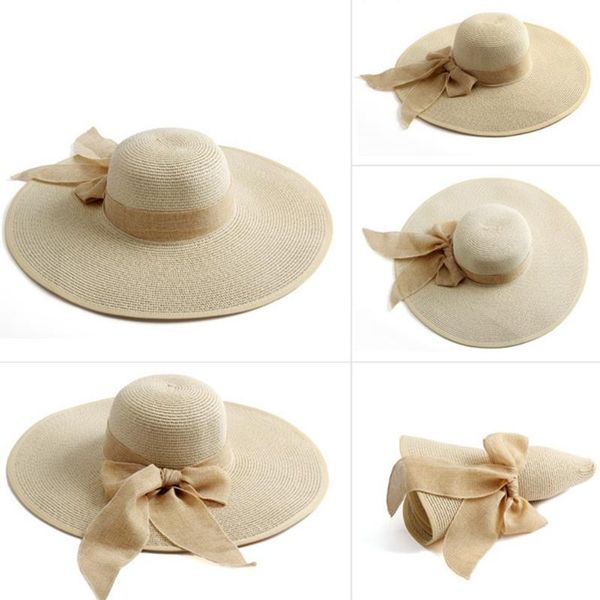 

wide brim hats fashion bowknot design uv protection casual beach cap rollable sun hat straw outdoor travel summer solid foldable, Blue;gray