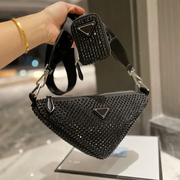 

2022full rhinestones womens leather shoulde bags diagonal crossbody p bag luxury designer silver metal triangle handbags for wom
