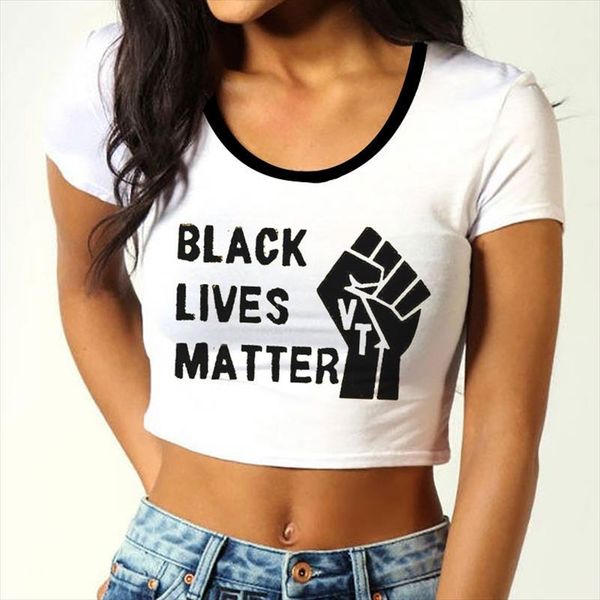 

black lives matter letter print o neck crop t shirt women 2020 summer casual slim fashion t shirt female streetwear, White