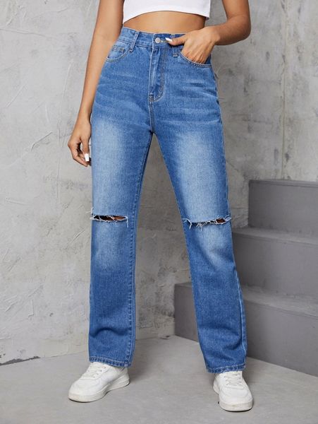 

high waist cat whisker ripped straight leg jeans q98q#, Blue