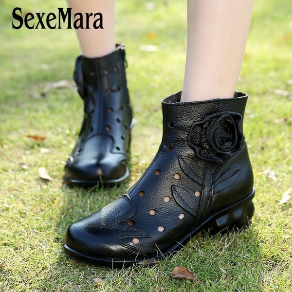 

boots sexemara spring autumn women breathable ankle flower pattern casual soft cowhide flats pointed toe ladies shoes1, Black
