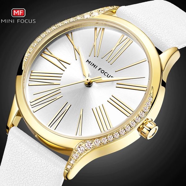 

fashion dress women watches luxury brand minifocus ladies diamond iced out watch white leather strap classic simple female clock, Slivery;brown