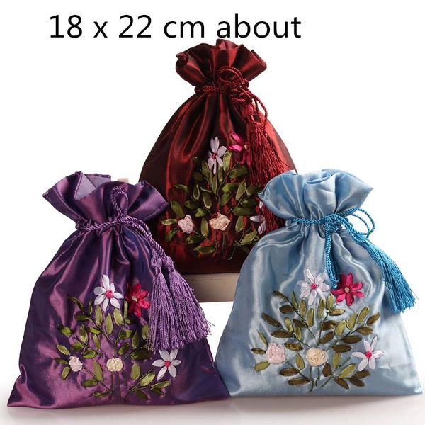 

gift wrap tassel handmade ribbon embroidery large bags party favor satin cloth packaging empty sachet lavender pouch 10pcs