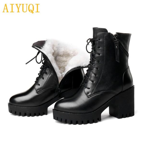 

boots aiyuqi women bare 2021 genuine leather boots, natural wool warm winter naked fashion shoes, Black