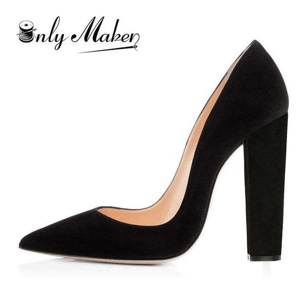 

onlymaker women's pointed toe block classic 12cm high heels slip on thick shoes wedding office dress big size chunky lady pumps t200525, Black