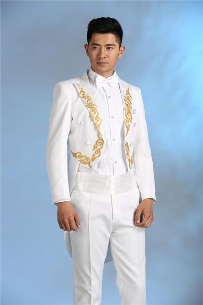 

latest coat pant design white applique costume tailcoat men suit slim fit 2 piece show blazer performaance stage tuxedo vestidos, White;black