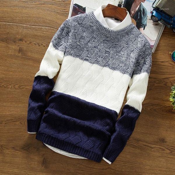 

knit sweater men's sweater thick warm pullover men 2021 fall/winter o-neck long-sleeved color-blocking slim-fit knit pullover1, White;black