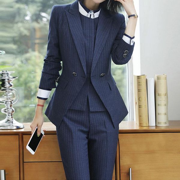 

work pant suits 2 piece sets single breasted striped blazer jacket & zipper trousers suit for women set feminino spring, White