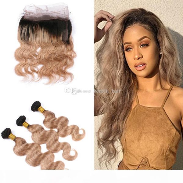 

ombre #1b 27 honey blonde body wave hair bundles with pre plucked 360 full lace band frontal with baby hair, Black;brown