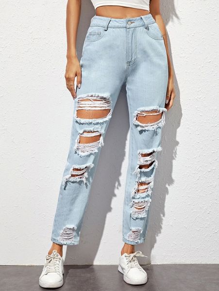 

high waisted ladder distressed jeans b3sy#, Blue