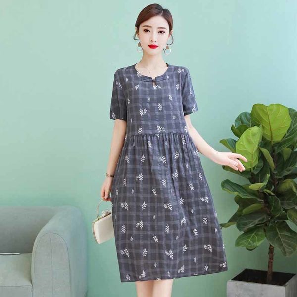 

2021 new new style women plus size dress vintage casual o-neck elegent a-line robe femme short sleeve vestido print summer pockets than, Black;gray