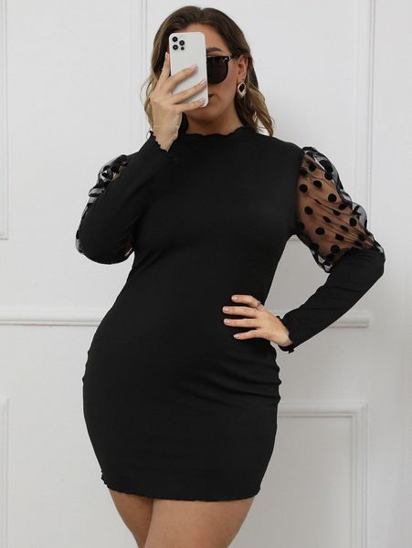 

plus dobby mesh gigot sleeve bodycon dress p0l9#, Black