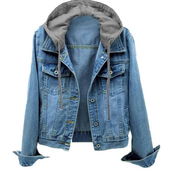 

jeans jacket women button hoodies jeans detachable cap ladies' tie long jacket for women denim jackets chaqueta mujer, Black;brown