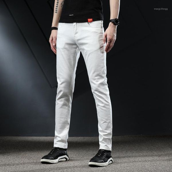 

129-1215 new white jeans men embroidery personality social small foot pants stretch fashion casual versatile slim1, Blue