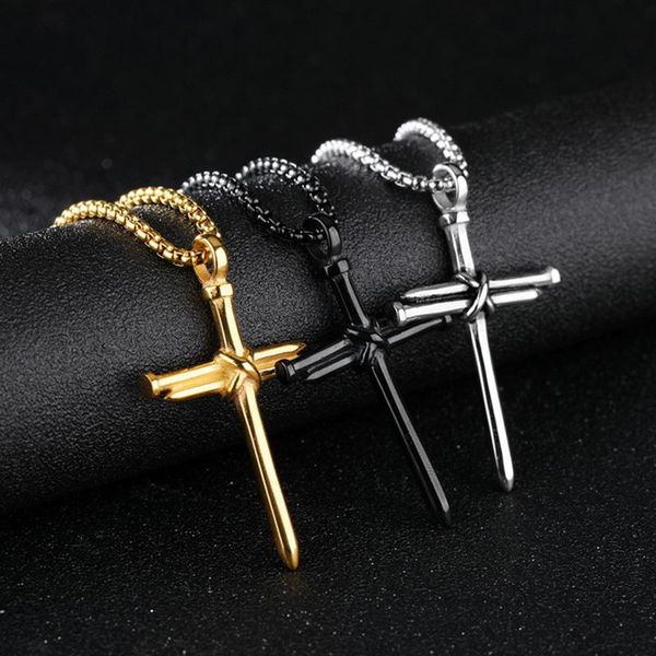 

pendant necklaces mens stainless steel cross necklace pendants hip hop gold chain jewelry for neck male accessories wholesale, Silver