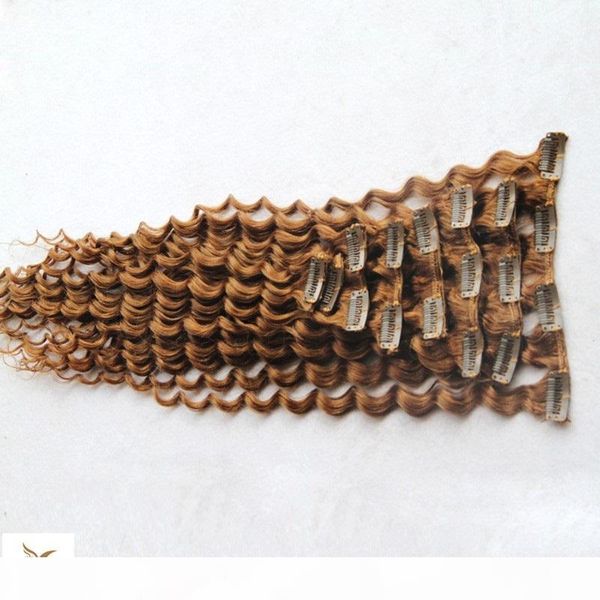 

light blonde color mongolian deep wave clip ins human hair extensions 10-30 inchs clip in human hair extensions 7 pcs 100g, Black