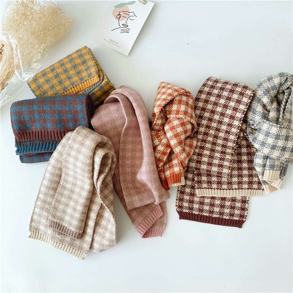 

j358 korean same color matching plaid children's knitting scarf autumn winter boys' and girls' wool neck, Red;brown