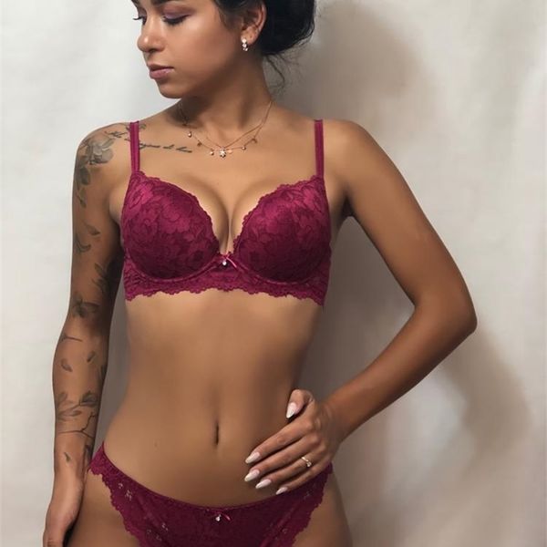 

bra set lace lingerie panty set intimates women embroidered lace push up a b c cup underwear sets y200708, Red;black
