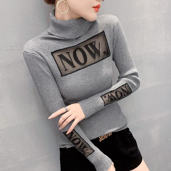 

women's sweaters #6236 grey black white knitwear tight sweater women spliced mesh letters hollow out turtleneck long sleeved, White;black