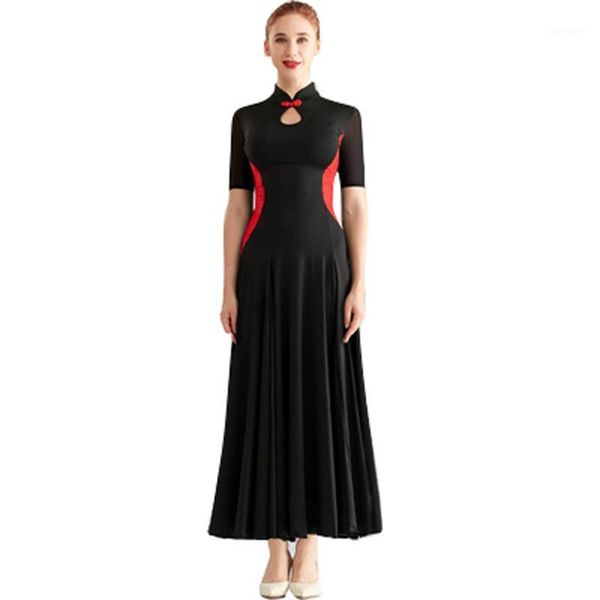 

2020 new modern women's dress ballroom national standard dance competition dress social practice long half sleeve1, Black;red