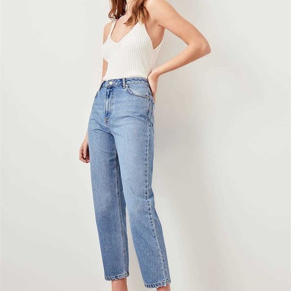 

trendyol blue black high waist boyfriend jeans straight-leg casual denim ankle-length pant twoss19lr0176 y200417
