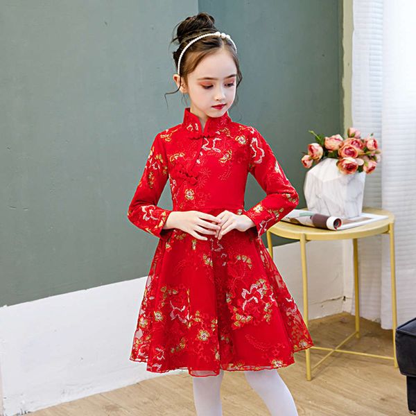 

autumn girls' 2020 qipao chine sle red plush sve princs drs long skirt, Red;yellow
