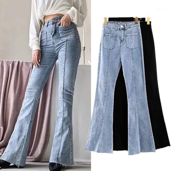 

autumn and winter new european and american style high waist stretch horn jeans women, slim long legs solid color jeans women1, Blue