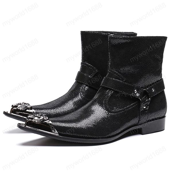 

new arrival man metal pointed toe high-outdoor shoes patent leather men's handmade riding ankle boots, Black