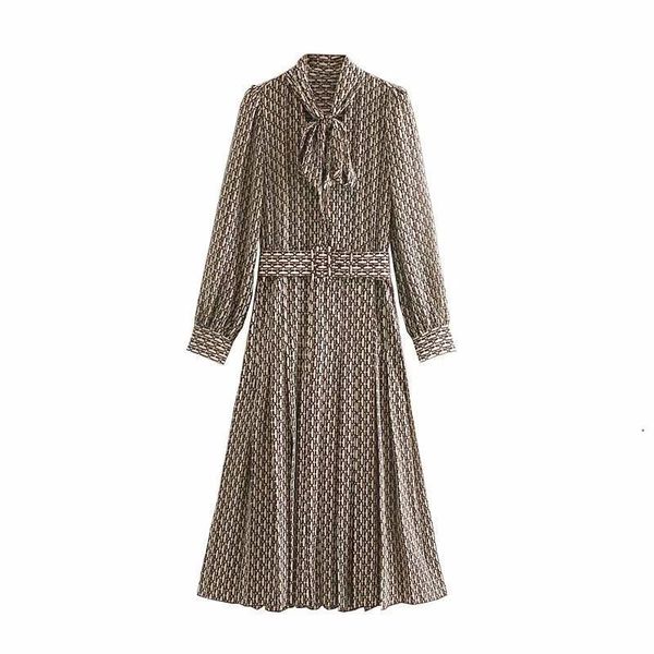 

women elegant long dress with belt chain print bow tie neck office lady shirt dress puff long sleeve pleated vestidos, Black;gray