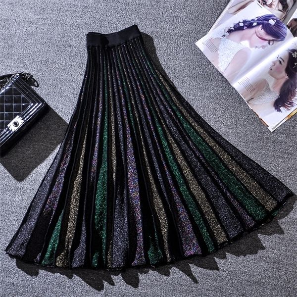 

elegant pleated skirt women 2019 spring glitter knitted midi skirts women bling a-line sweater long skirt lady retro shiny skirt q1209, Black