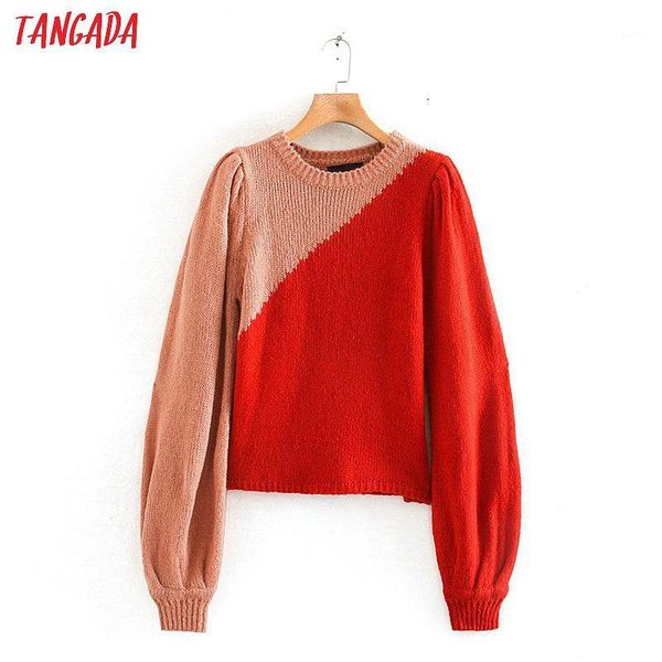 

tangada korea chic women color block sweater puff long sleeve vintage ladies short style knitted jumper ry291, White;black