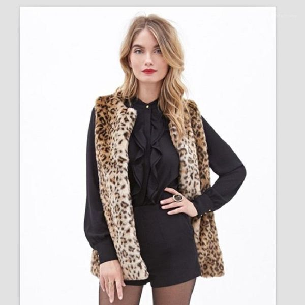 

2020 new middle and long style leopard print fur vest coat women thin faux fur jacket female v-necked furs coats gilet vest1, Black