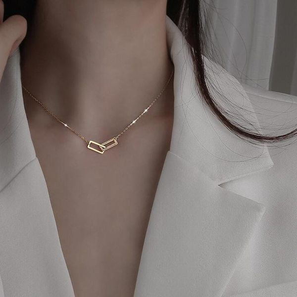 

925 sterling silver shiny rectangle double chain zircon square zirconia necklaces pendants collar gift for girl choker, Golden;silver