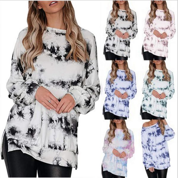 

9618# women's tie dyed tapered round neck lantern sleeve side slit off shoulder loose sweater, Black