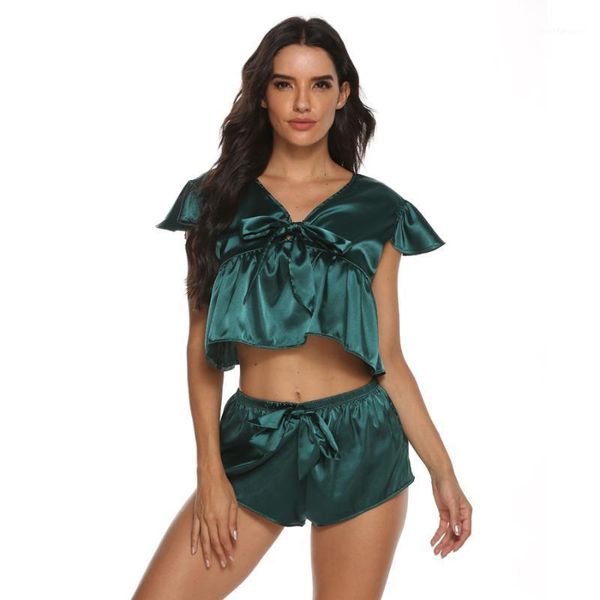 

women's sleepwear satin pajama set v-neck pyjamas ruffled sleeve loungewear cute and shorts1, Black;red