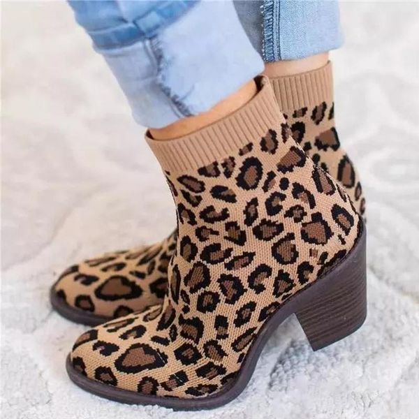 

boots autumn winter knitted sock elastic stretch shoes woman ankle fashion leopard print square heels ladies booties, Black