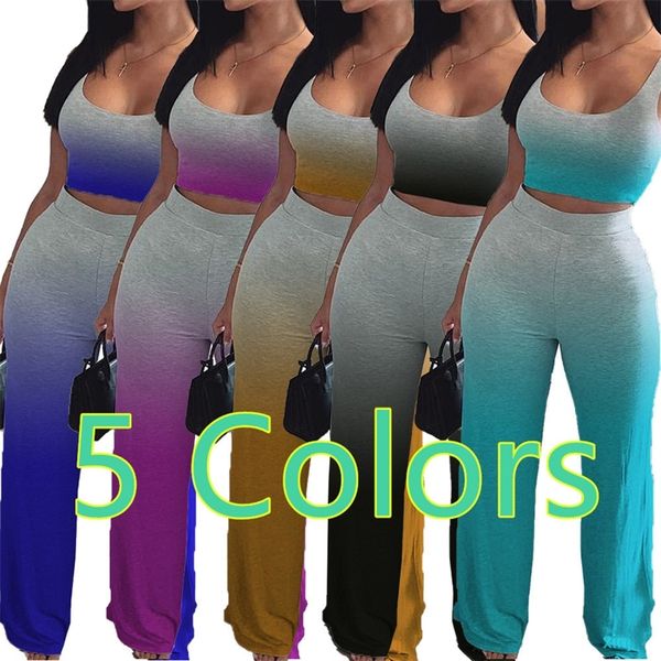 

5 colors women tracksuit sleeveless t shirt crop pants fashion gradient color women summer casual two piece set outfits h2516, White