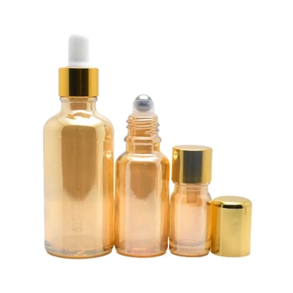 

amber glass roll on aroma packaging vial cosmetics roller toner dropper bottle gold cap essential oil bottles