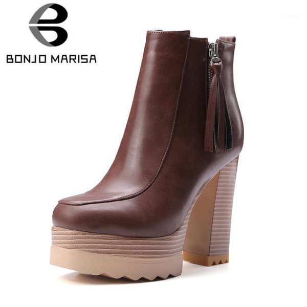 

boots bonjomarisa office lady winter ankle fringe high heels platform elegant women for casual walking zipper shoes woman1, Black
