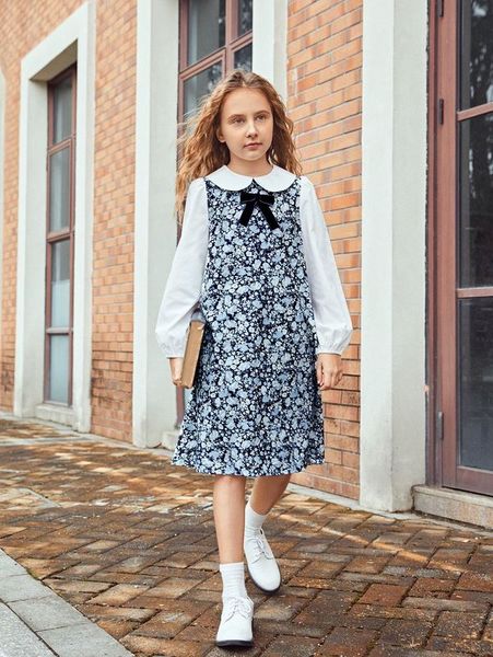 

girls peter pan collar bow front floral print dress she, Red;yellow