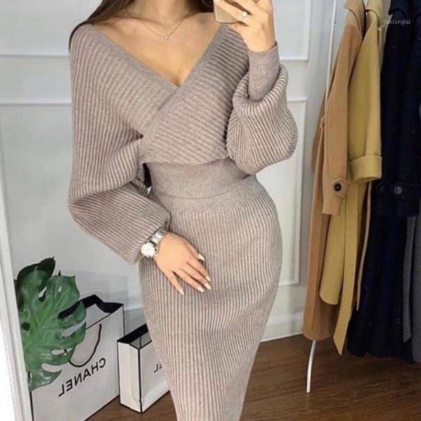 

2020 v-neck knitting sweater women set 2 piece pullovers skirt outfits for women suit casual shoulder off pack hip set1, Gray