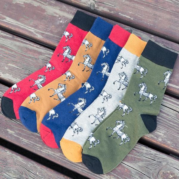 Calzini da uomo all'ingrosso- 10PCS = 5 paia / lotto Cartoon Cute Horse Uomo Donna colorato cotone pettinato Regali di nozze di alta qualità Happy Funny British S