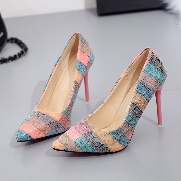 

pointed toe shoes large size womens shoes printed high heels color matching weave show temperament xxx-006, Black