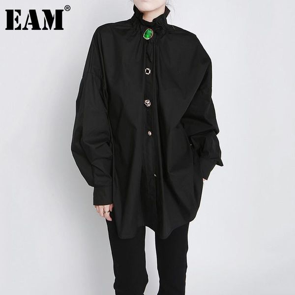 

eam] women big size button decoration blouse new stand collar long sleeve loose fit shirt fashion spring autumn 2021 1dd3478, White