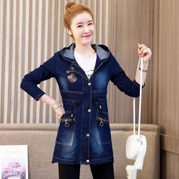 

#3319 blue denim jacket windbreaker letters printed elegant jeans jacket women with hood outerwear denim long coat ladies zipper, Black;brown