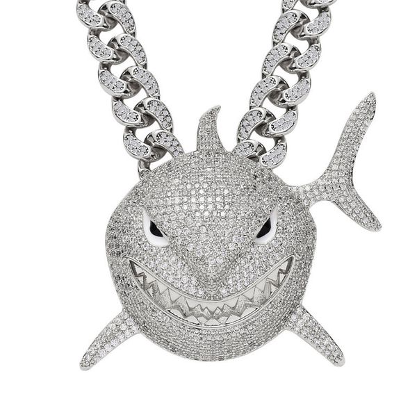 

full cubic zircon shark pendant necklace for men 6ix9ine hip hop bling jewelry with iced out crystal miami cuban link chain, Silver
