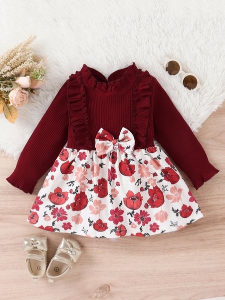 

toddler girls floral print ruffle trim flounce sleeve dress she, Red;yellow